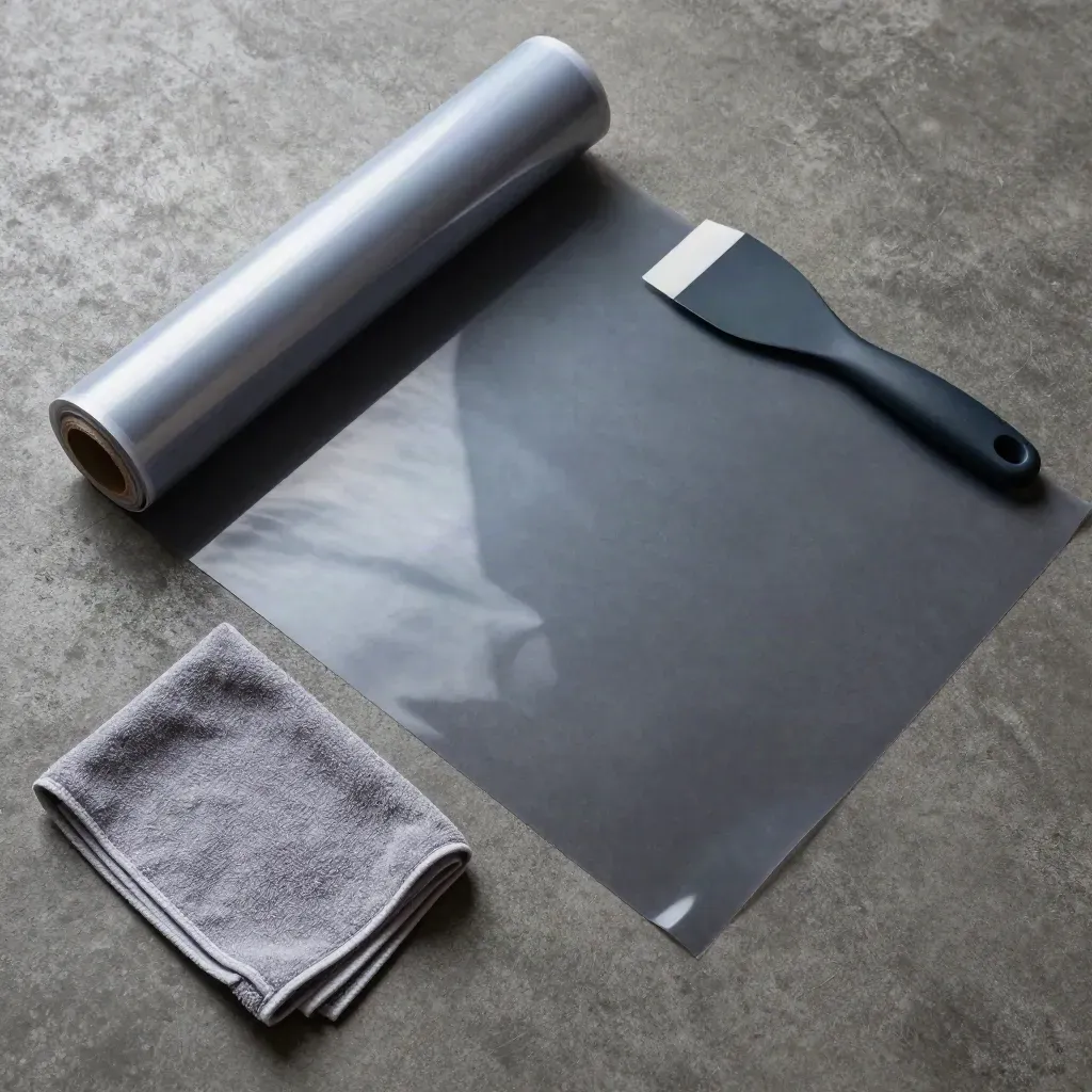 Overhead car window film kit with rolled tint film, cloth and applicator on concrete