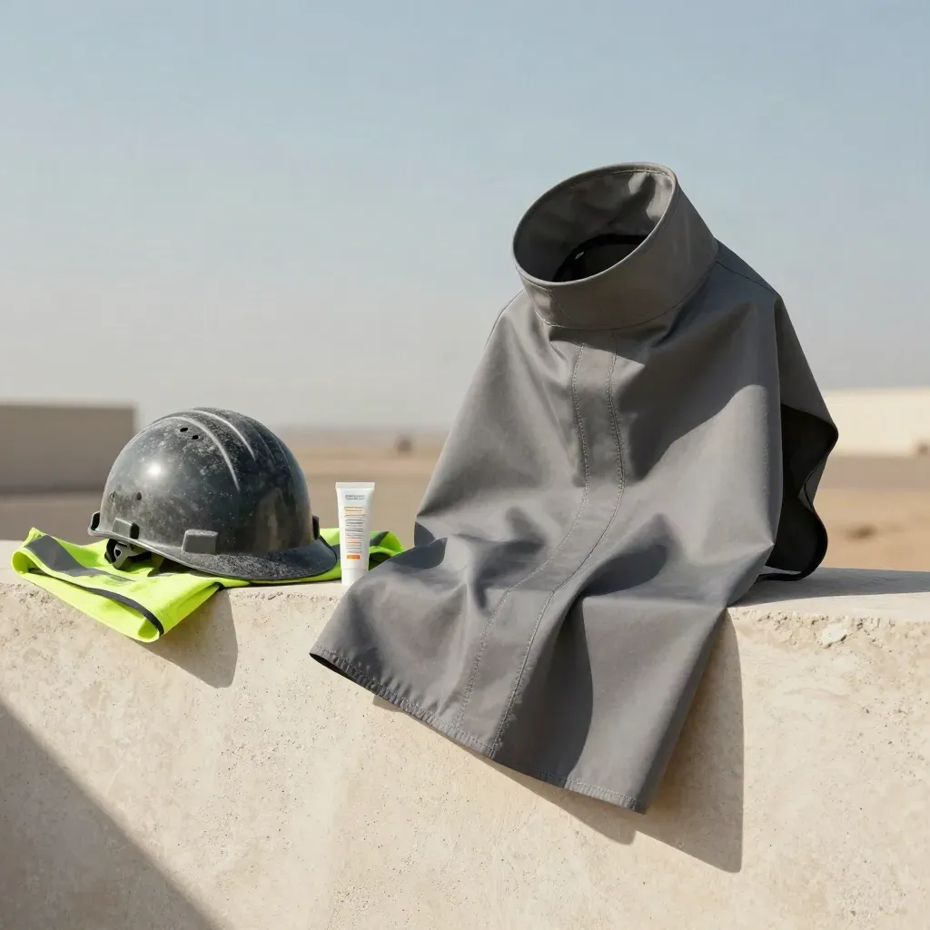 Rugged work neck shade with reflective trim, hi-vis gear and dusty site light on pale plaster.