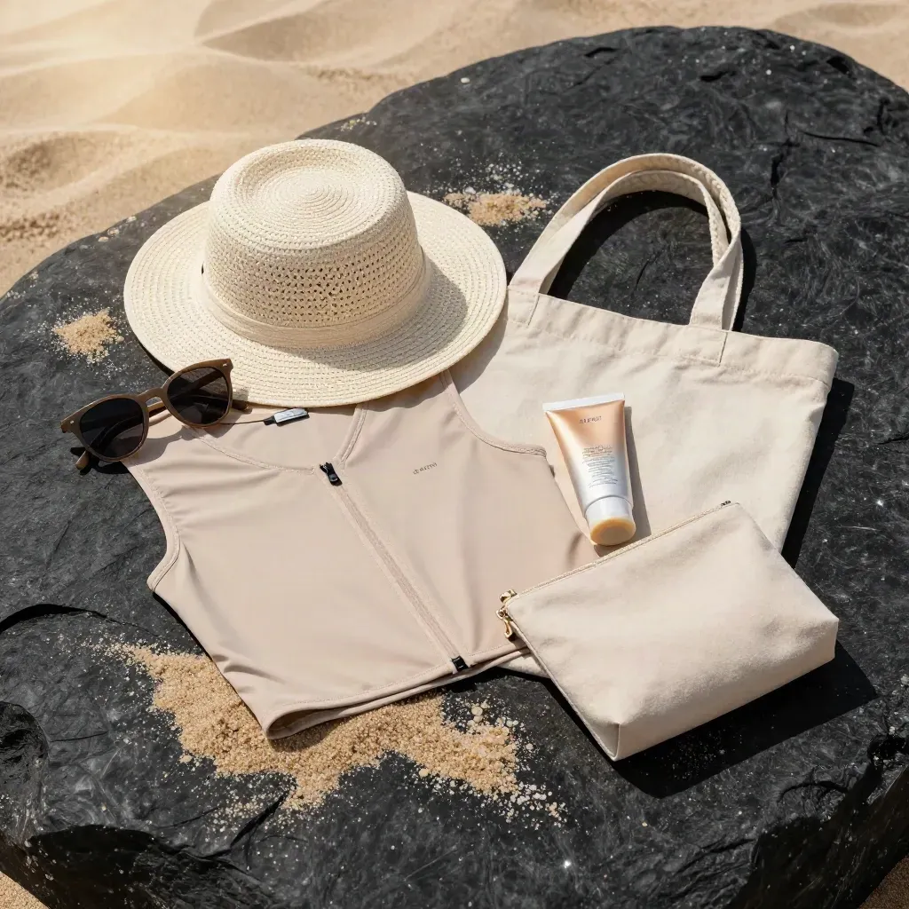 Open beach sun kit with sunglasses, hat, SPF gear and tote spilling on dark sand in dramatic light