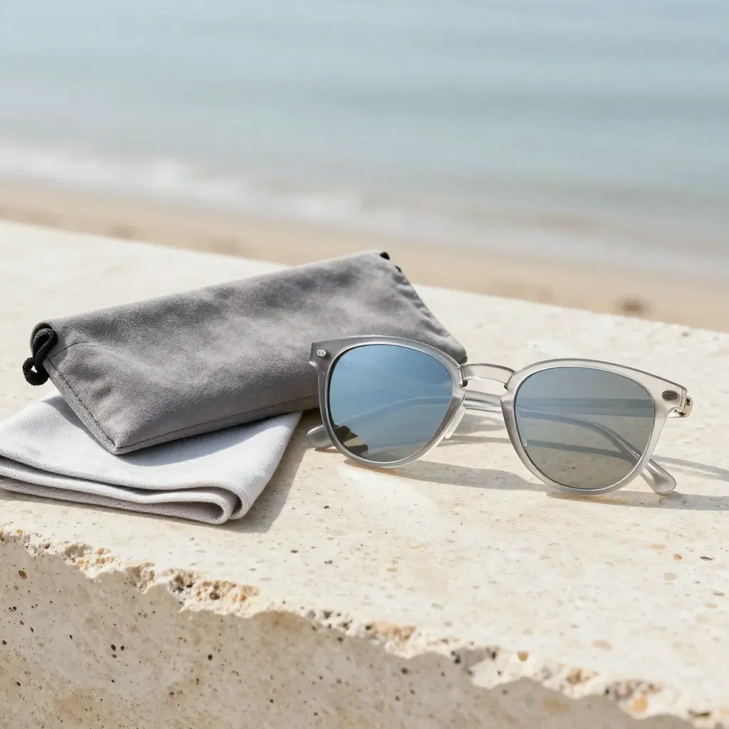 Mirrored UV400 wrap sunglasses with pouch and cloth on pale travertine in sea haze.