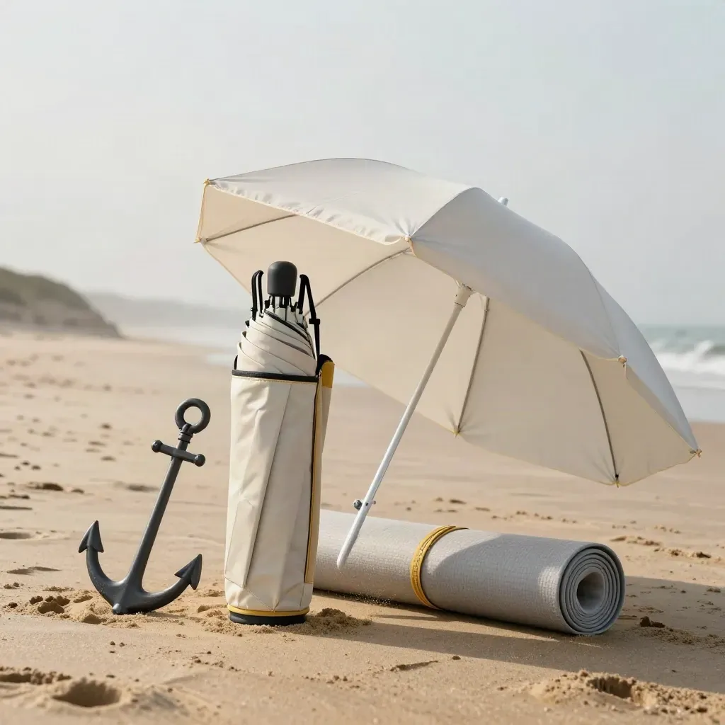 Folding beach umbrella in carry bag with sand anchor and mat, wind lifting sand on a dim beach.