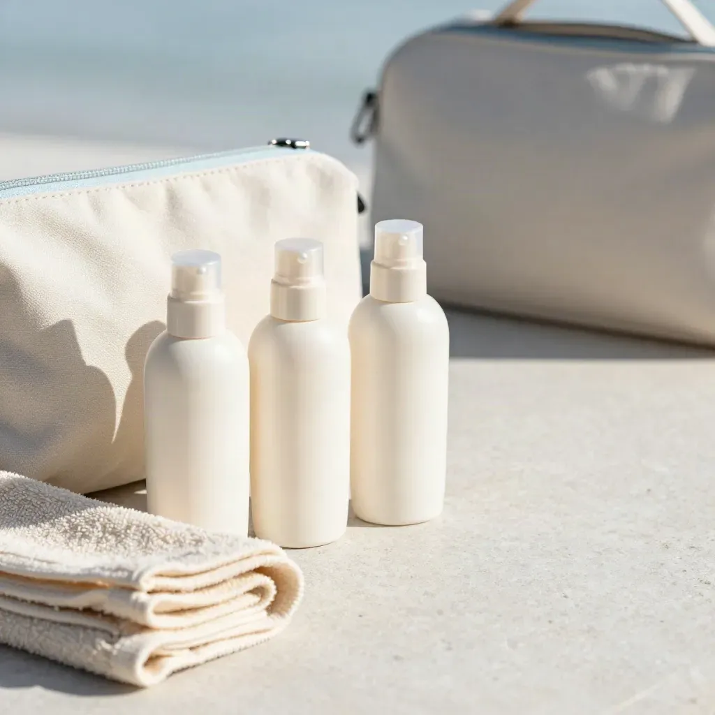 Three sunscreen bottles with pouch and towel on pale stone, left-weighted hero product shot