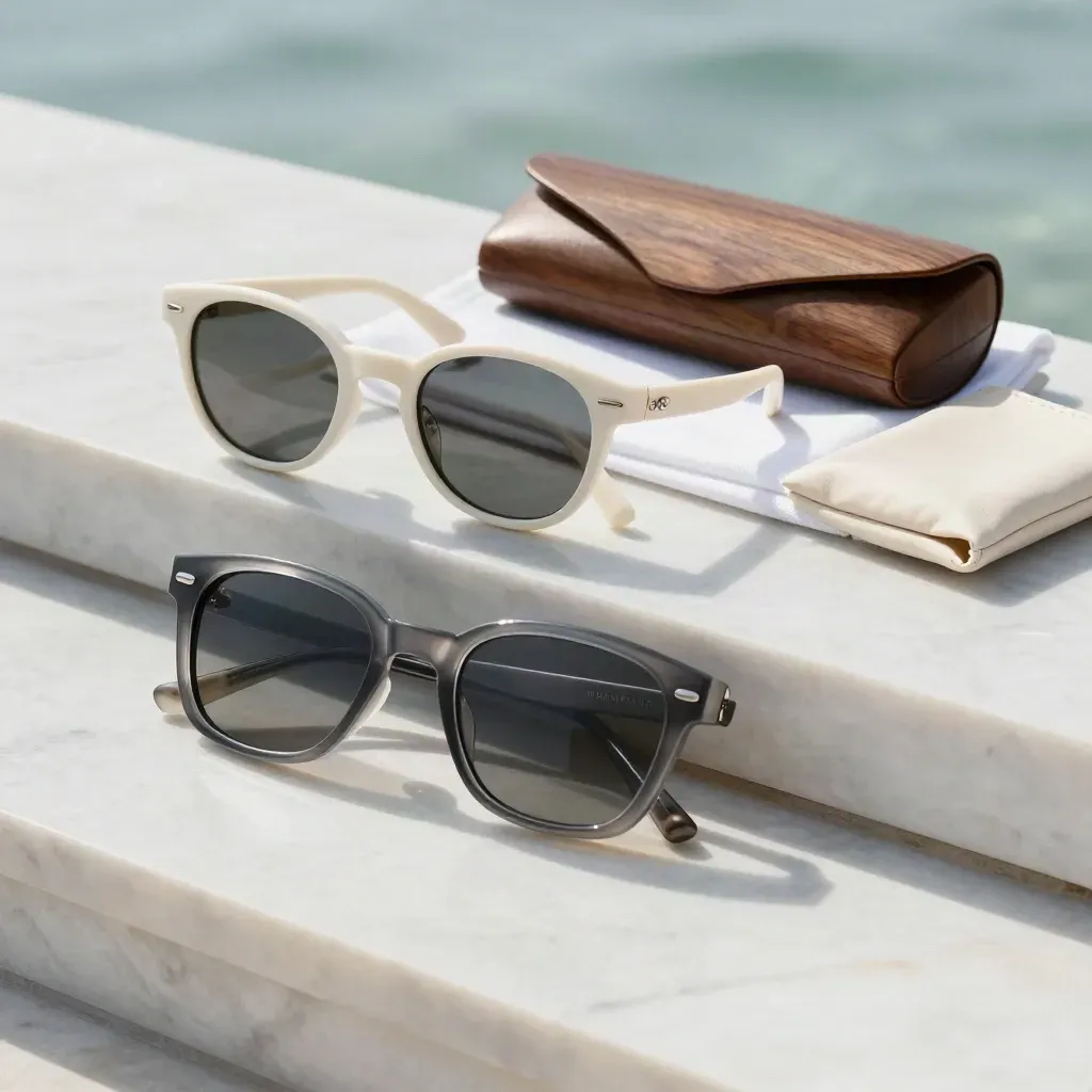 Two sunglasses pairs on sunlit marble with linen cloth and walnut case, sea-light reflections