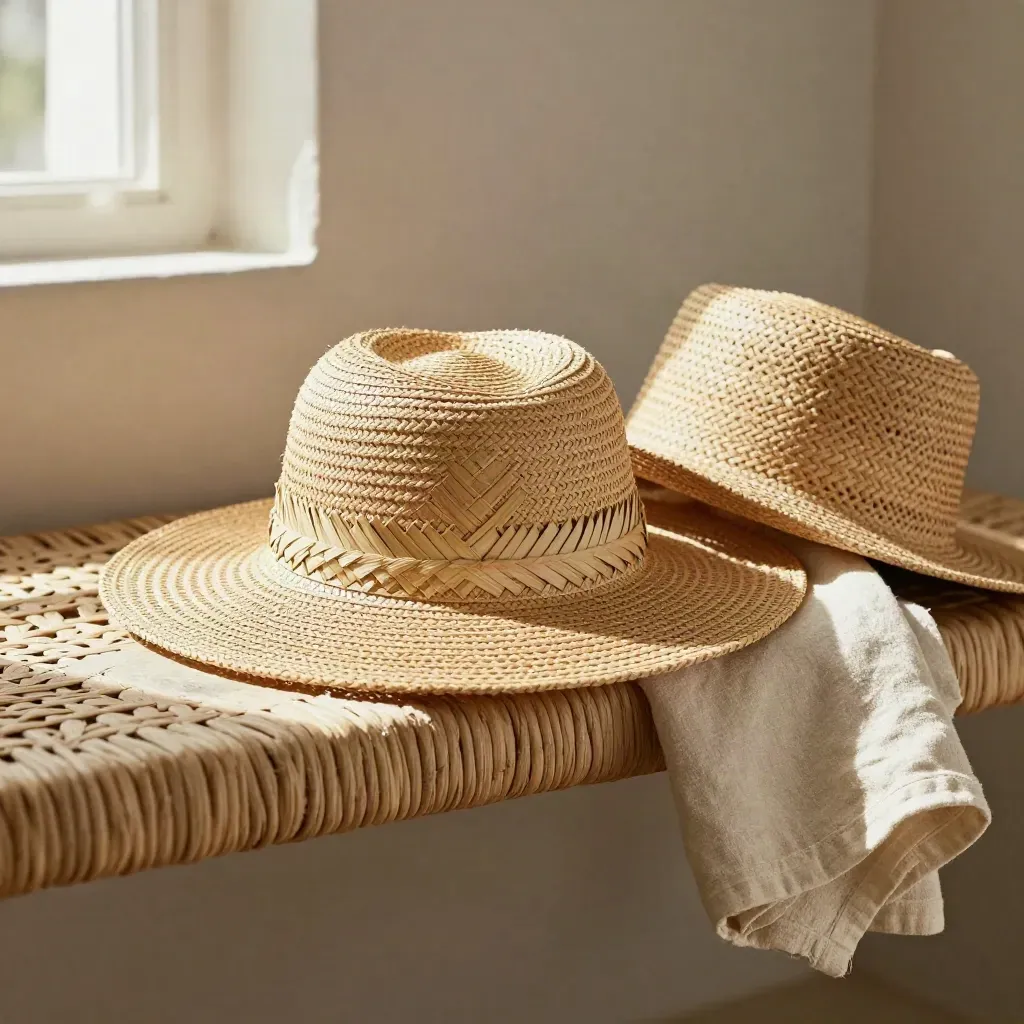 Sun hats on a plaster wall and woven bench in warm late light, with calm space for copy